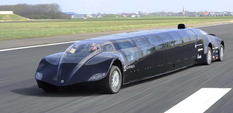 epa02669700 A 'Superbus', developed by former Dutch astronaut Wubbo Ockels and his team, speeds along a landing strip while being tested at the airport Valkenburg in Katwijk, The Netherlands, on 04 April 2011. Ockels and other scientists have worked for years on the development of the fully electric powered bus. The bus has a low aerodynamic resistance and is said to reach a speed of up to 250 kilometers per hour (km/h) with up to 23 people on board.  EPA/LEX VAN LIESHOUT